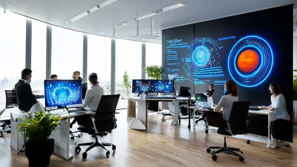 现代化办公室中的团队正在使用AI智能获客系统，墙上挂着马斯克的Grok聊天机器人赢得美国政府合约的新闻报道海报。