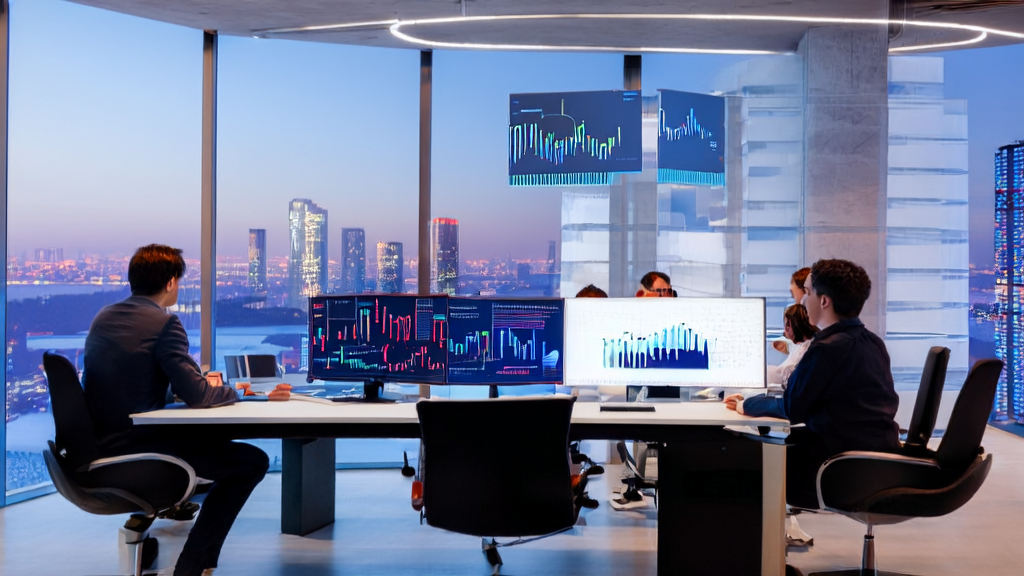 现代化办公室内展示AI智能获客系统的使用场景，团队讨论最新市场策略