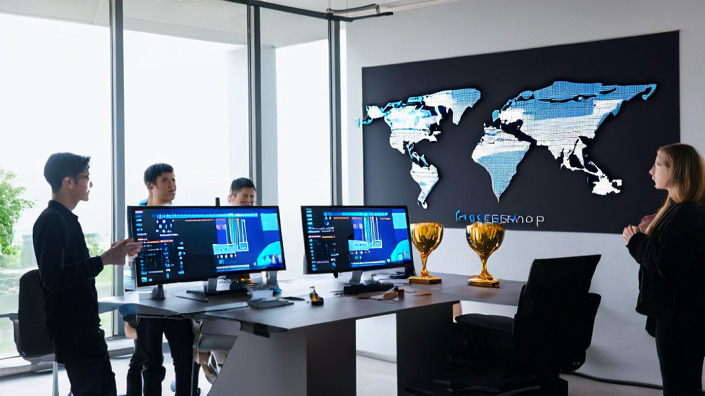 A team in a modern office is using an AI acquisition system to optimize overseas marketing effectiveness, with a world map and a Supabase milestone plaque on the wall.