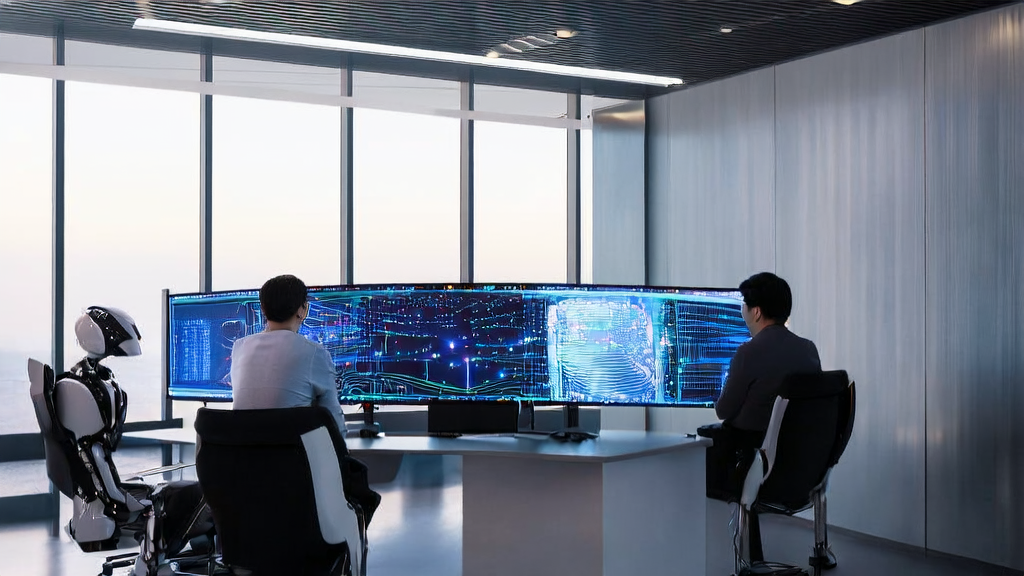 Tech professionals in a modern office studying an AI acquisition system with sunlight streaming through large windows