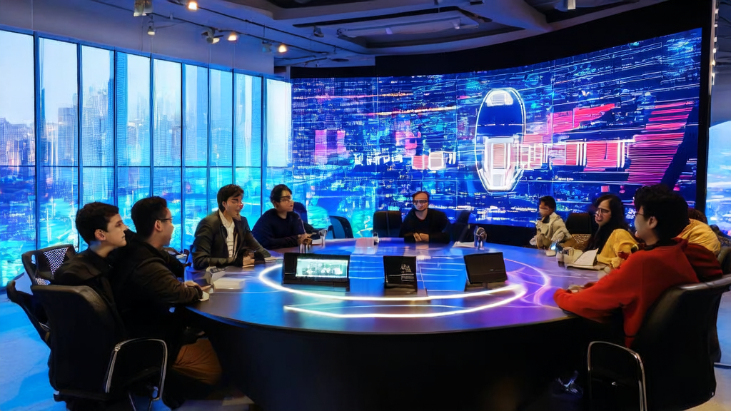 年轻开发者们在现代办公室中利用AI技术和Vercel v0探讨最新获客策略