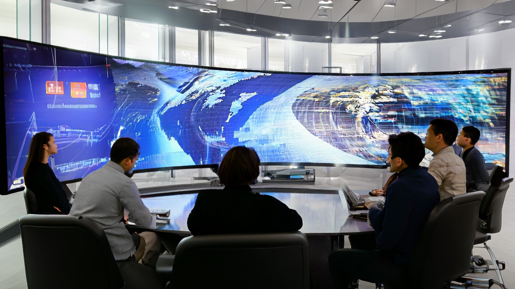 Employees in a modern office are watching a Google Veo 3 generated video showcasing export scenarios and using a smart robot for real-time data support.