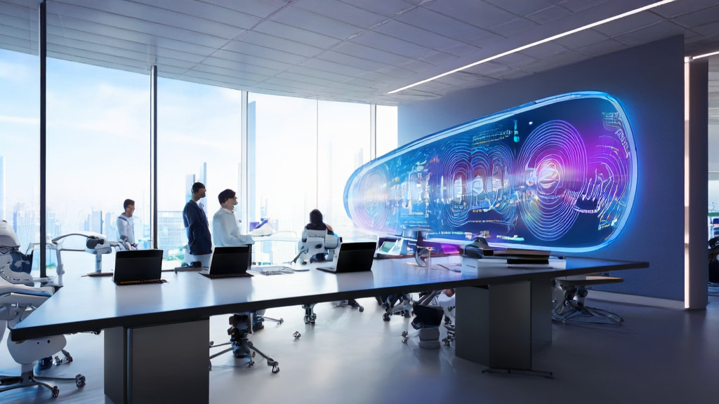 现代办公室内员工使用AI技术进行广告投放分析