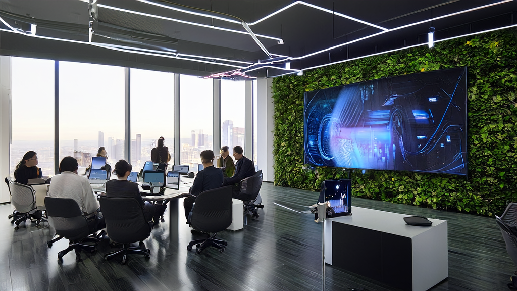 Modern office where advertising planners use Alibaba Qoder tool for AI-optimized ad placement