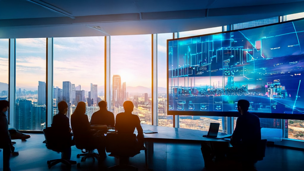Employees in a modern office are presenting the latest AI-driven advertising strategies, with Microsoft Copilot and GPT-5.2 workflow interfaces displayed on the screen.
