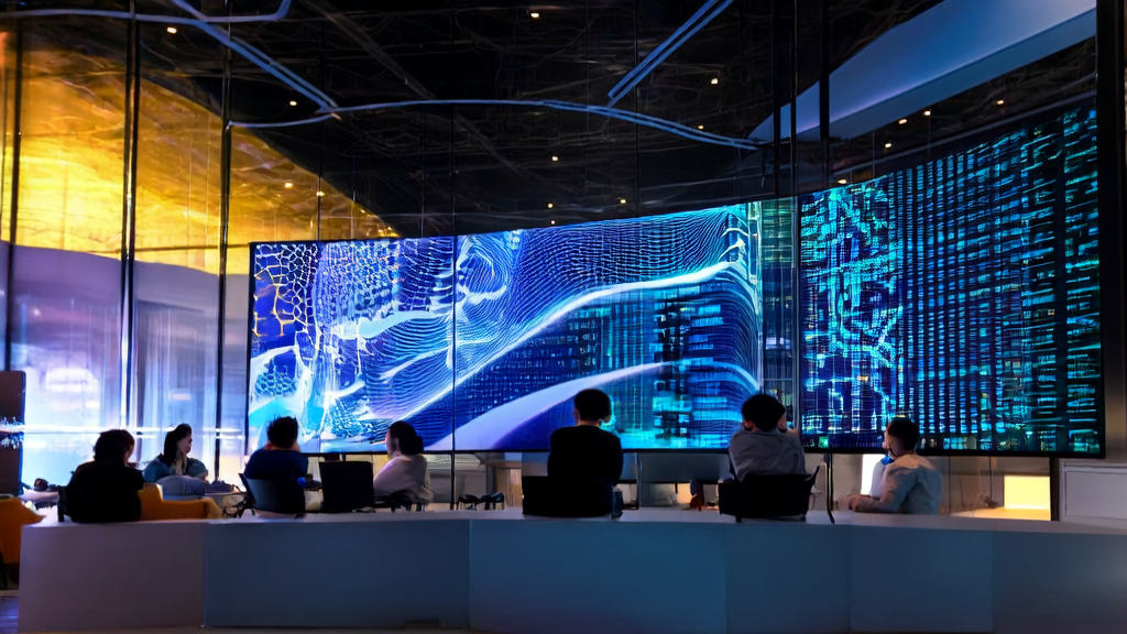 现代化办公室内的团队正在研究最新AI模型MiniMax M2.1的数据分析结果