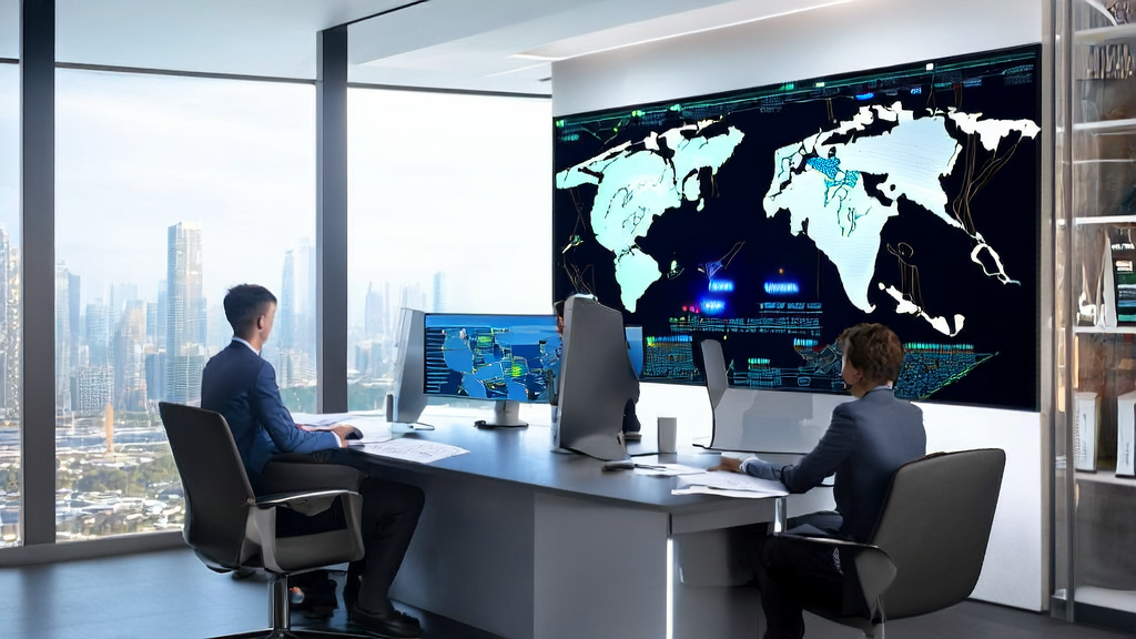 A team in a modern office is using an AI client acquisition system to analyze customer data and discuss strategies