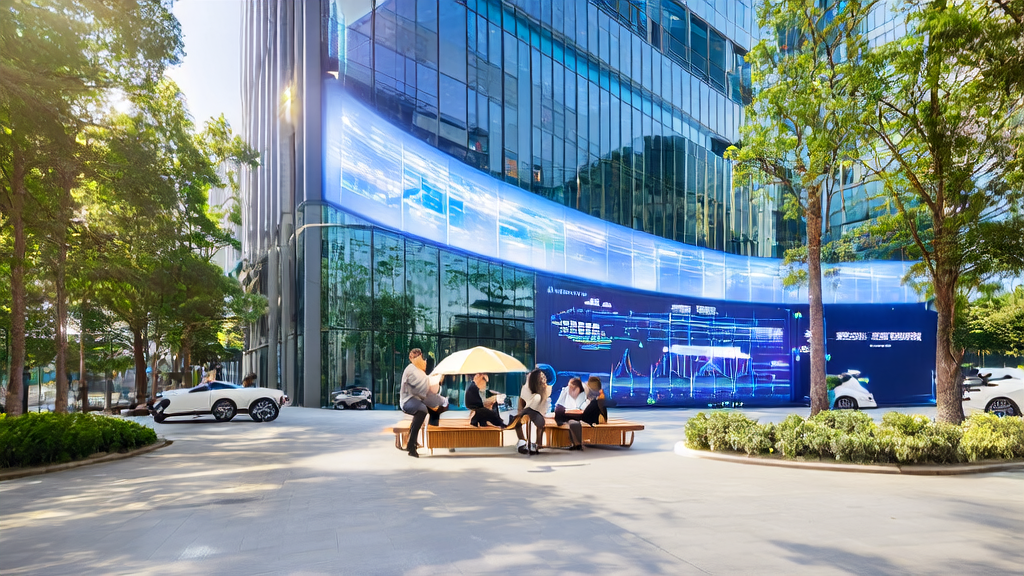 现代办公楼前的员工正在讨论如何利用AI智能获客系统提升业务效率