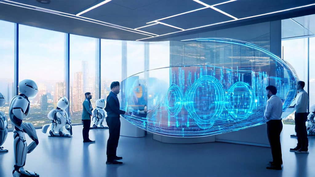 Engineers in a modern office are studying an AI client prediction model, with the city skyline in the background.