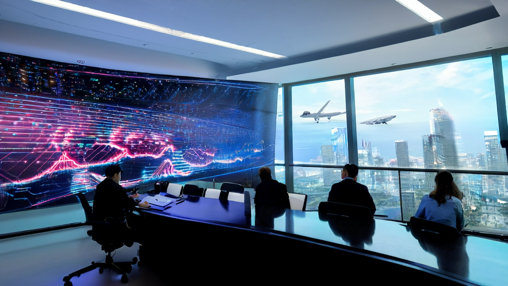 Engineers in a modern office analyzing manufacturing customs data using an AI client prediction model