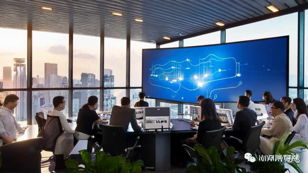 现代化办公室内工作人员正在使用AI客户预测模型分析数据,桌上摆放着Xiaomi Miloco智能设备。