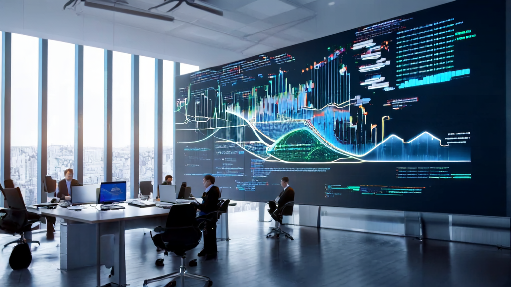 Employees in a modern office analyzing potential clients using AI client prediction models and manufacturing customs data