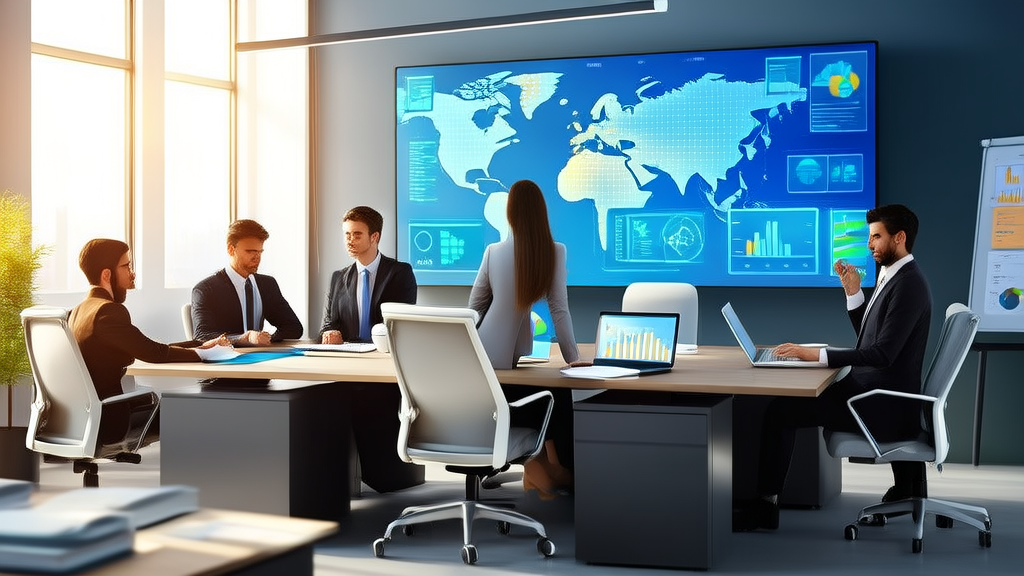 In a modern office, entrepreneurs are using AI technology for customer acquisition and discussing data security issues.