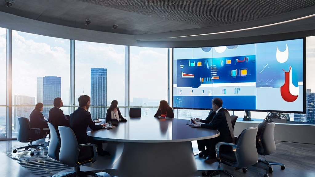 Employees in a modern office using AI technology to analyze LinkedIn customer data, with an AI-generated artwork on display