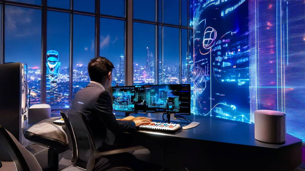 Modern office scene showcasing AI customer acquisition with the latest Huawei Ascend model application