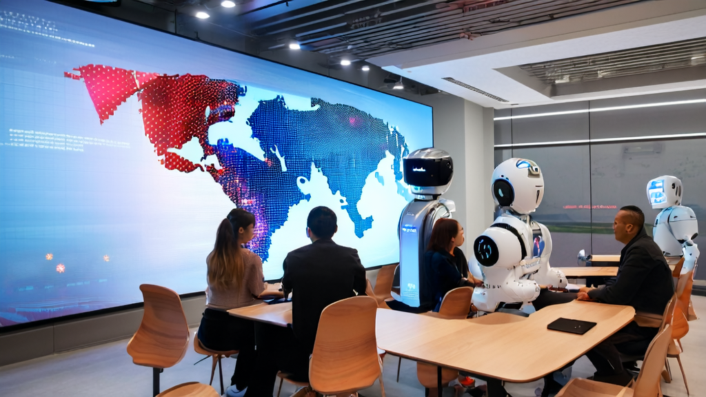 In a modern office, employees of an export company are using AI technology for customer data analysis and multilingual translation to improve customer acquisition efficiency.