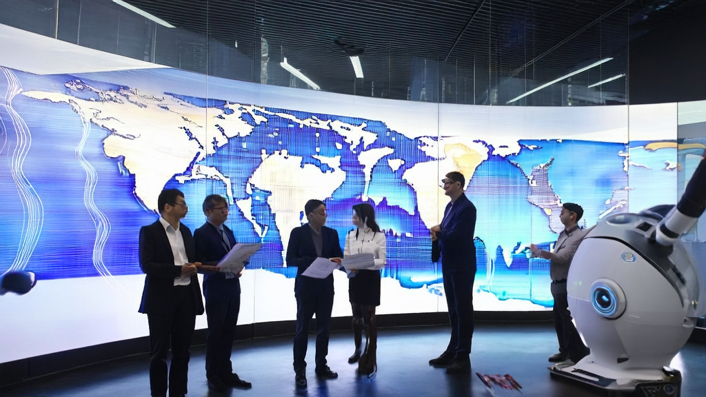 Employees in a modern office using AI technology for international trade customer acquisition