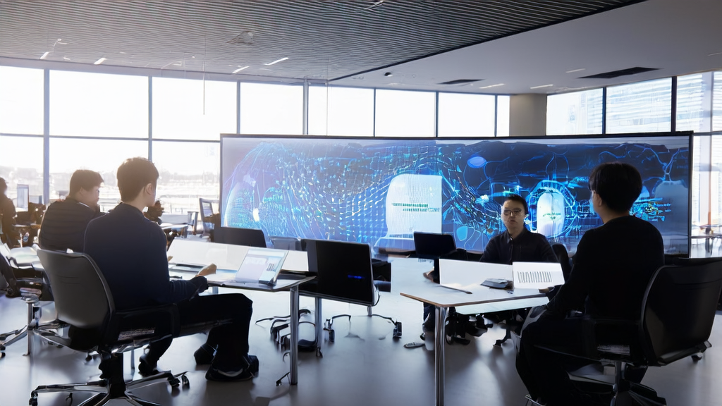 In a modern office, entrepreneurs are using AI prediction models to analyze customer data, with a Google Imagen4-generated artwork hanging on the wall.