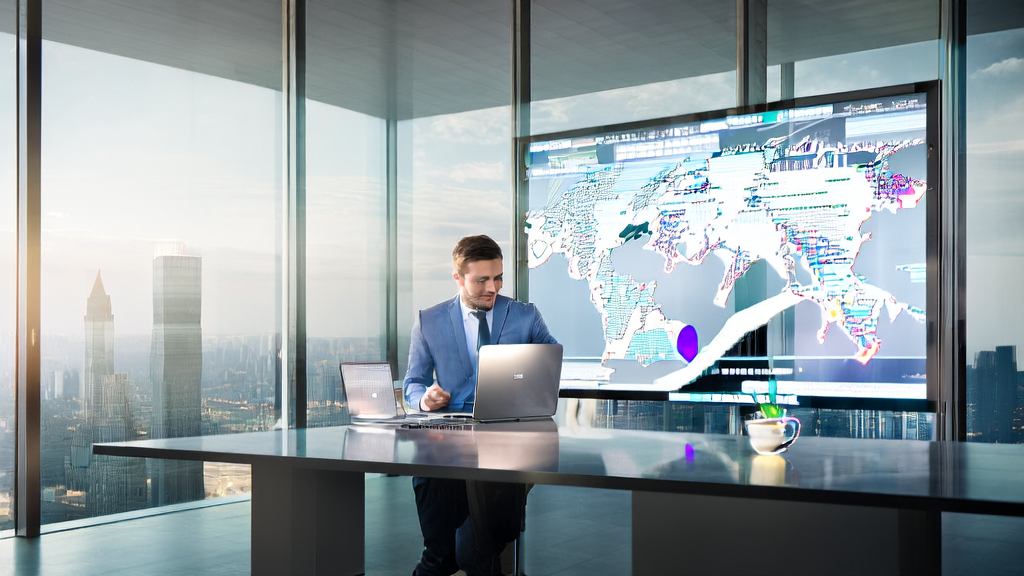 Modern office where an entrepreneur uses AI technology for customer acquisition