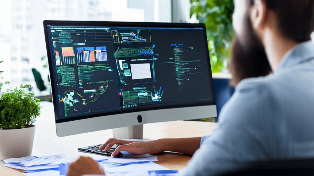 Modern office using AI tools for customer data analysis and automated email marketing