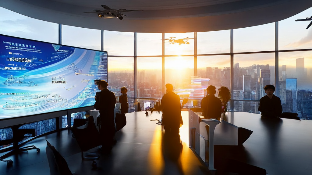 In a modern office bathed in sunlight, engineers are studying AI-optimized advertising data with a poster that reads "AI Customer Acquisition Trends" on the wall.