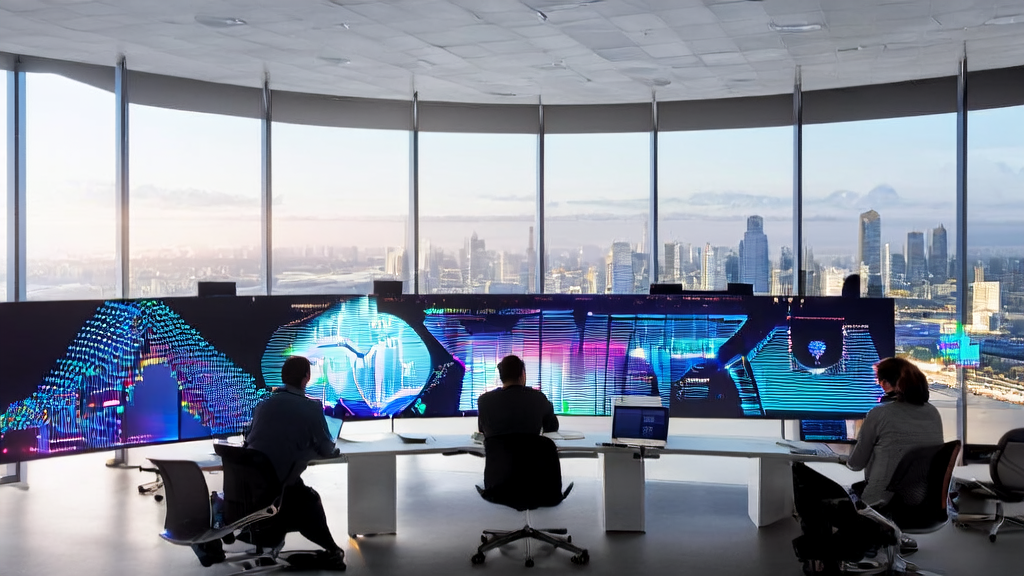 现代化办公室内的技术人员正在开发AI获客软件，通过Elastic的A2A协议实现多AI协作