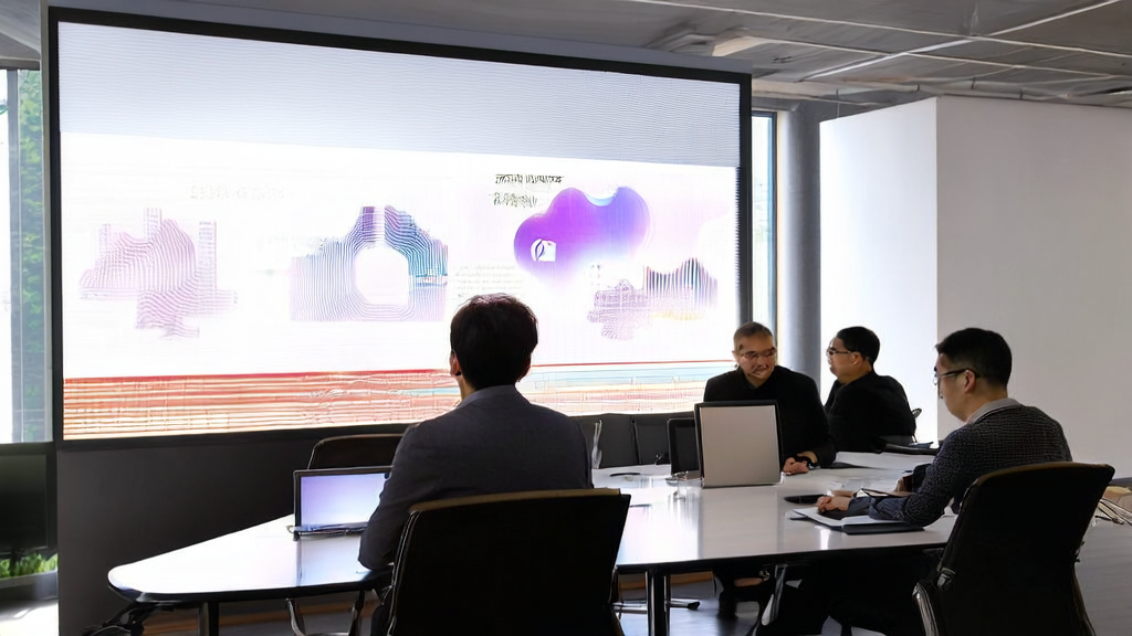 现代办公室内，员工们使用Kimi的AI幻灯片生成器进行客户获取策略讨论