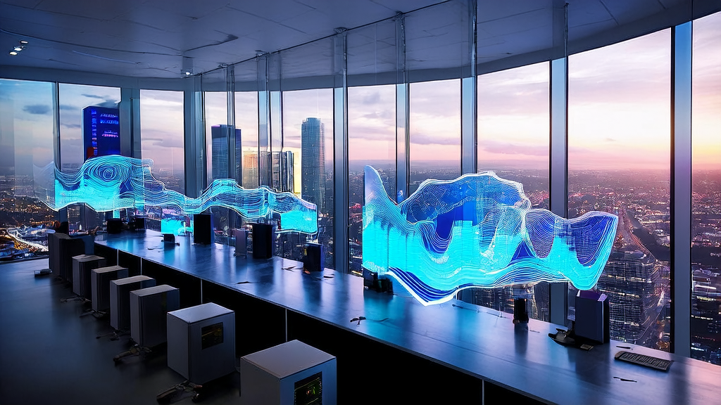 现代化办公楼内的数据科学家们正在使用AI客户预测模型进行高效获客分析