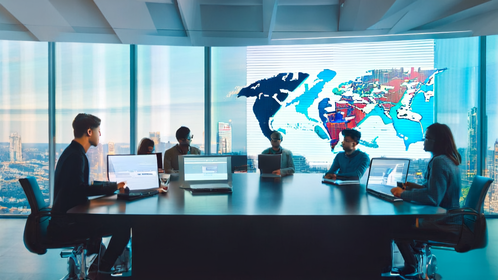 几位创业者在现代化办公室中讨论AI获客策略，桌上显示AI邮件模板设计界面，背景为全球地图和城市天际线。