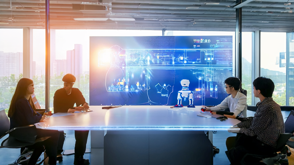 Entrepreneurs in a modern office discussing an AI customer acquisition system with a robot assistant demonstration