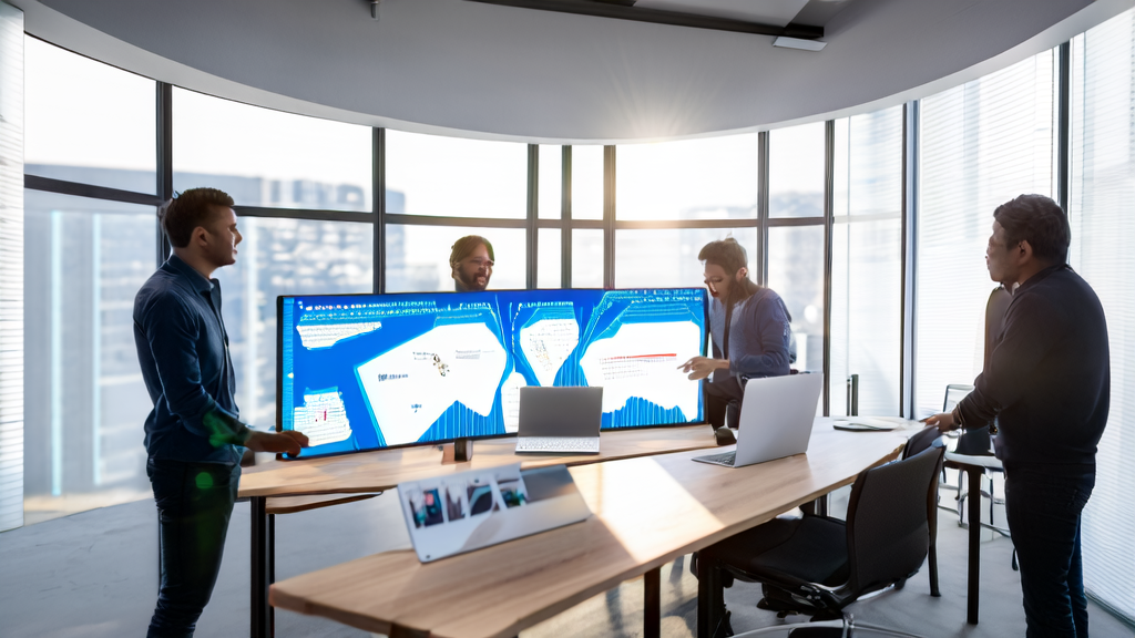 Scene of a modern office using AI customer acquisition system and Qwen-Image for efficient work