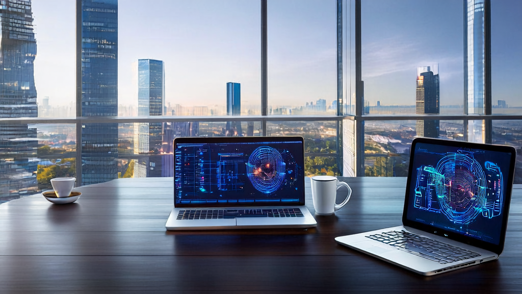 现代化办公室中，业务经理正在使用AI智能获客系统进行客户数据分析