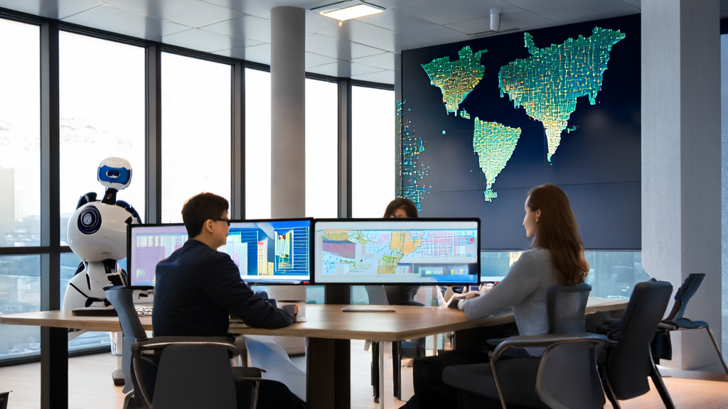 Employees in a modern office are discussing AI-based customer data collection and email marketing strategies
