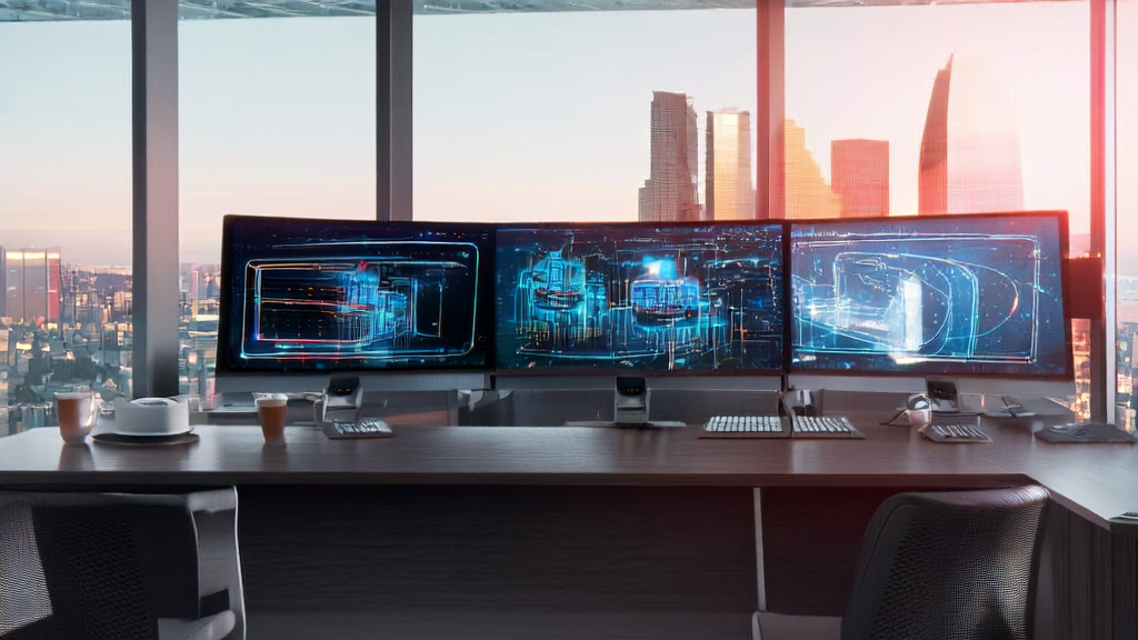 现代化办公室中员工使用AI客户预测模型进行数据分析