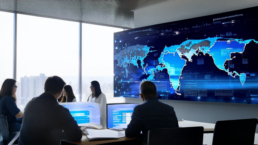 In a modern office, data scientists are discussing AI customer prediction models, showing complex data analysis results and a global market map.