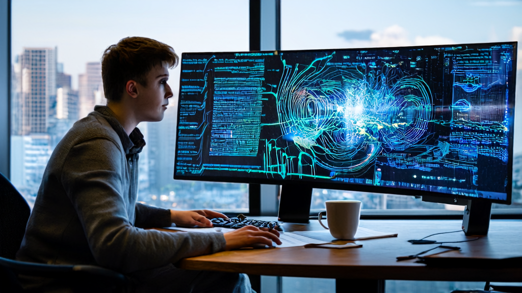 A modern office where an entrepreneur is studying AI customer prediction models, with a bustling cityscape outside the window