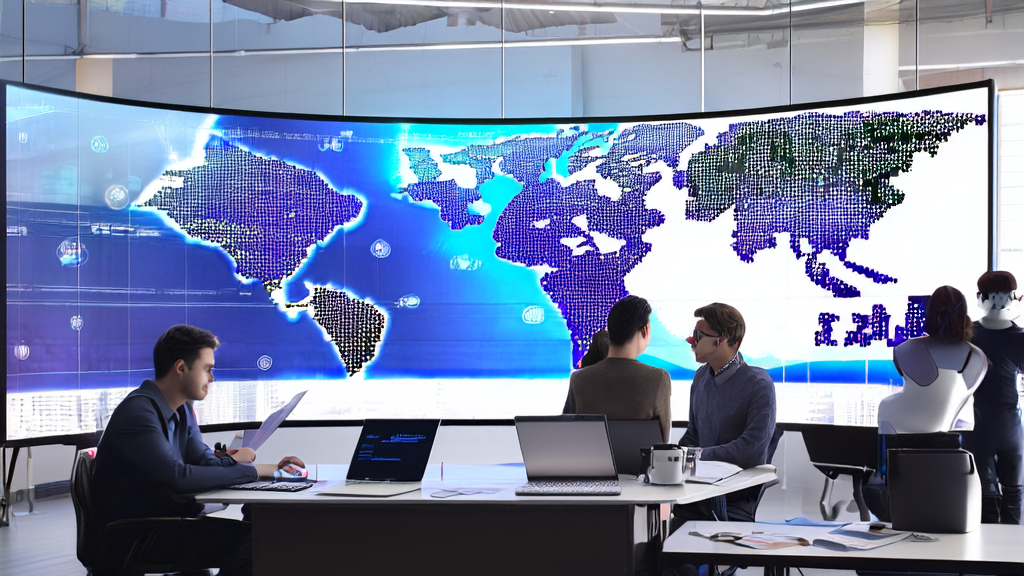 现代化办公室内,创业者们正在使用AI客户预测模型进行数据分析,背景是全球业务扩展点的地图。