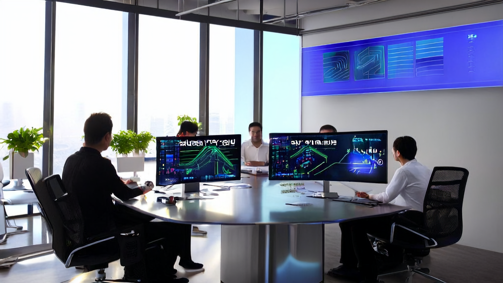 Employees in a modern office discussing AI customer prediction models and data cleaning services, with a promotional poster for the Lingguang App on the wall