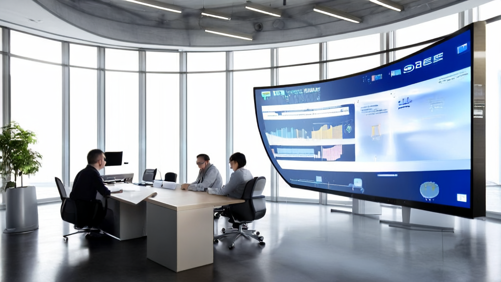 Modern office with employees using AI customer prediction models and personalized email marketing tools, with a background screen showcasing the integration of ElevenLabs and WhatsApp