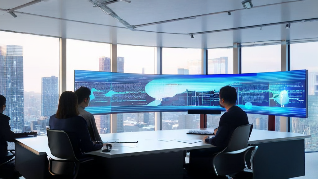 Employees in a modern office using AI customer prediction model for data analysis