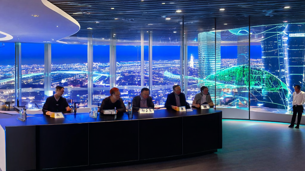 充满科技感的现代办公室内，数据科学家们正在讨论AI客户预测模型，屏幕显示复杂的数据分析结果，旁边是高效运转的服务器。