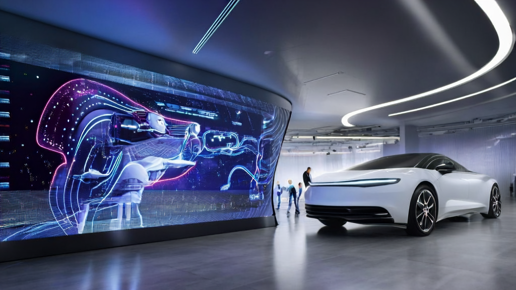 现代化办公室内工程师们正在使用AI客户预测模型分析小鹏汽车新款人形机器人的客户数据