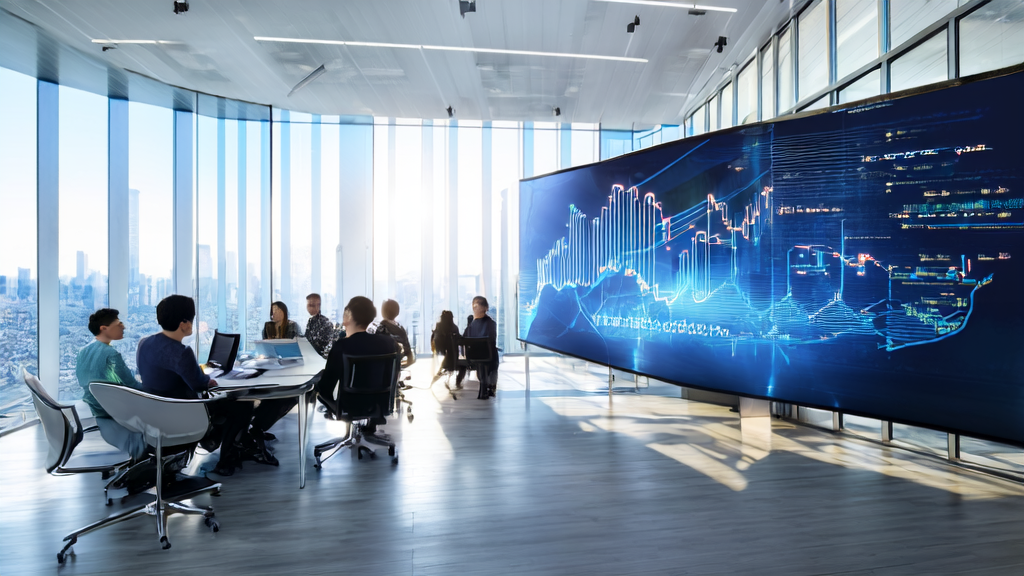 现代化办公室中团队围绕AI客户预测模型进行讨论，阳光透过大窗户洒入，背景墙上有阿里“千问”项目海报