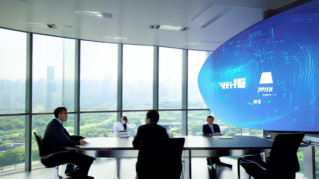 Technical staff in a modern office discussing an AI customer prediction model, with the Tencent logo and cityscape in the background.