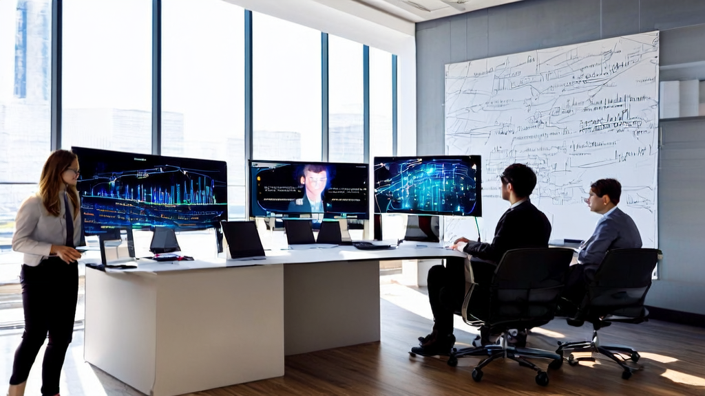 现代化办公室内，分析师们围绕AI客户预测模型进行讨论，墙上挂着图灵奖得主LeCun的照片