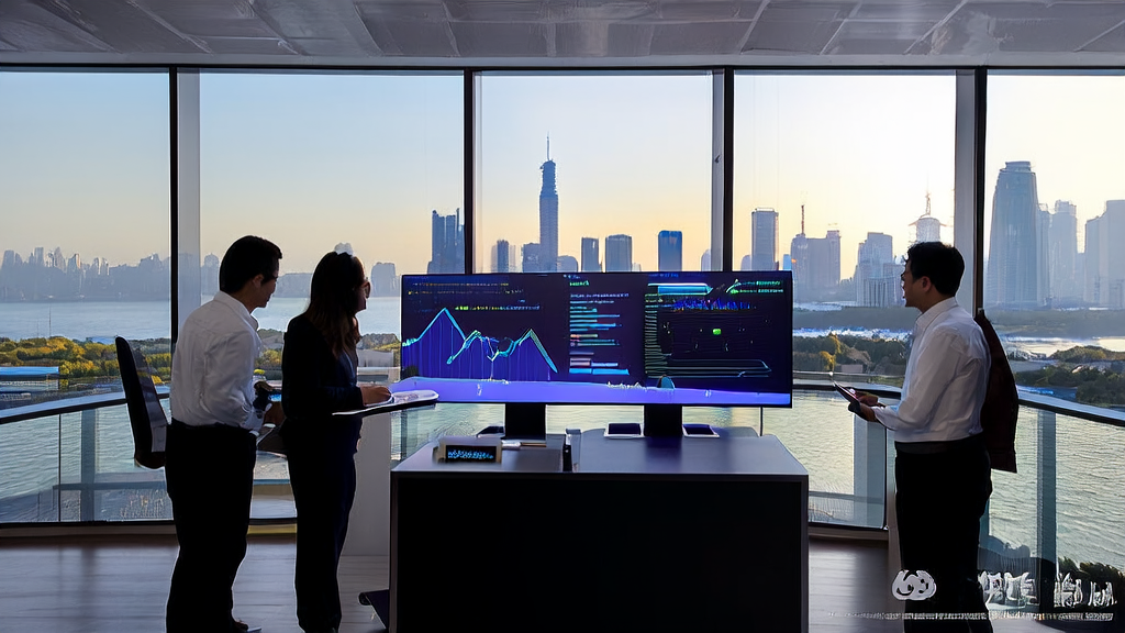 现代化办公室内员工正在讨论AI客户预测模型，窗外是繁华的上海市中心，背景中有网信办的标识。