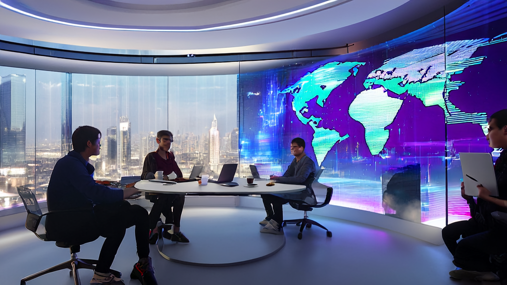 现代化办公室内创业者们正在研究AI客户预测模型，墙上挂着标满全球市场的全球地图。