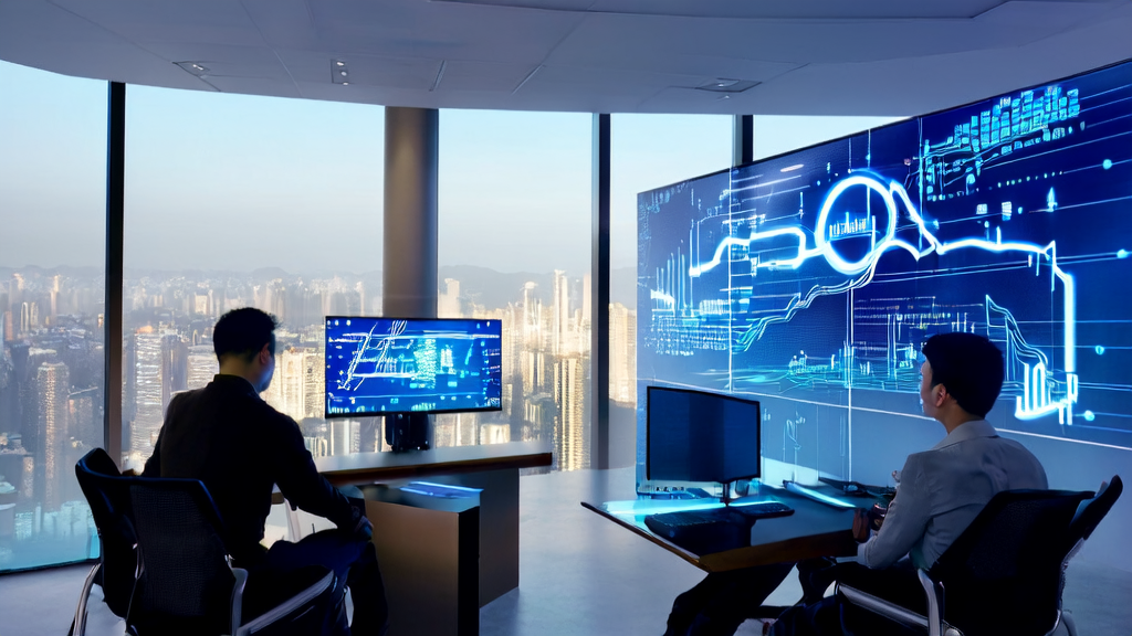Entrepreneurs in a modern office discussing AI customer prediction models with a city skyline and partnership agreement poster in the background