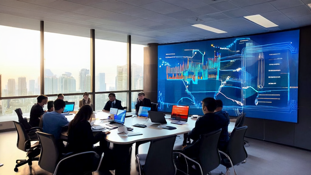 现代化办公室中的团队正在讨论AI客户预测模型的应用，背景为城市高楼大厦。