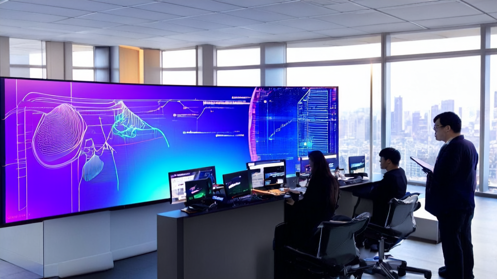 Employees in a modern office discussing AI customer prediction model, with Tencent Yuanbao computer displaying the "voice recorder" feature